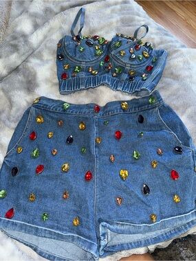 WOW couture Blue Denim Bustier & Embellished Shorts Set